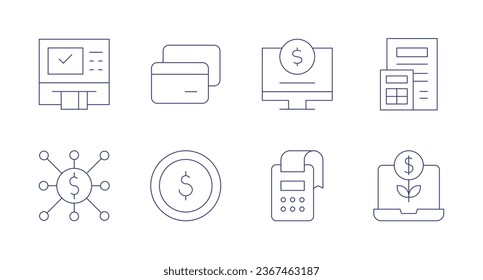 Banking icons. Editable stroke. Containing atm, bank, credit card, dollar coins, online, paper, payment terminal, return of investment.