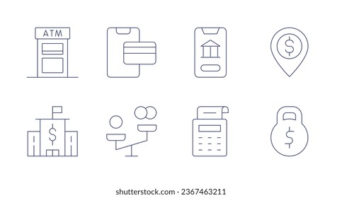 Banking icons. Editable stroke. Containing atm, bank, burden, credit card, economic disparities, online banking, payment terminal.