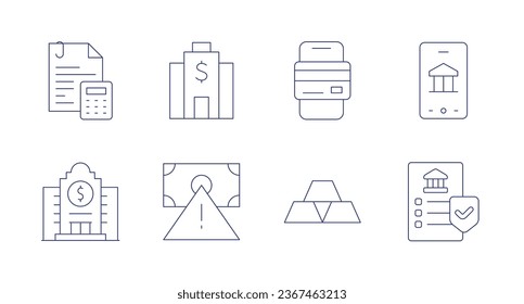Banking icons. Editable stroke. Containing accounting, bank, corporation, credit card, crisis, gold ingots, online banking, policy.