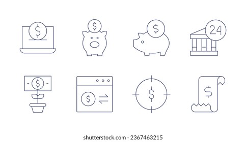 Banksymbole. Bearbeitbarer Strich. Einschließlich Bankwesen, Scheck, Internet-Banking, Geld, Sparen, Börse, Ziel, Transaktion.