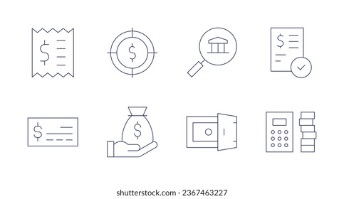 Banking icons. Editable stroke. Containing bank check, bill, calculator, check, money bag, search, target, vault.