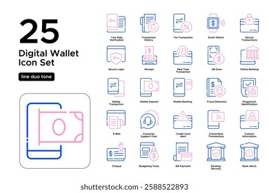 Banking Icons and Financial Services. Transactions, Banking Apps, and E-Wallets. Vector Illustration. Oultine duo tone icon set