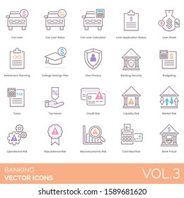 Banking icons including car loan rates, application status, retirement planning, college savings, user privacy, budgeting, tax haven, credit risk, liquidity, market, operational, macroeconomic, card.