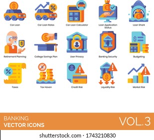 Banking icons including car loan rates, calculator, application status, shark, retirement planning, college savings plan, user privacy, security, budgeting, tax haven, credit risk, liquidity, market.