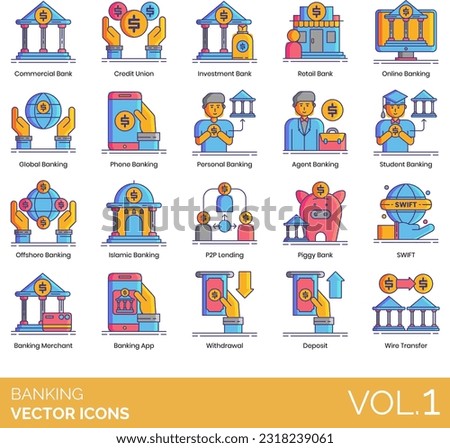 Banking icons including funds transfer, cheque deposit, savings account, current, CD, fixed, fee, credit card, cash reward, travel, point, debit, charge, prepaid, schedule appointment, home mortgage