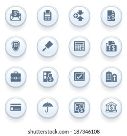 Banking icons on blue buttons.