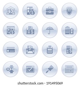 Banking icons on blue buttons.