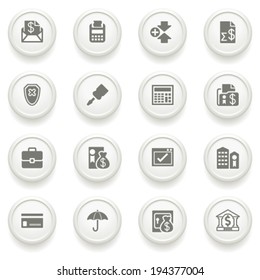 Banking icons on gray buttons.