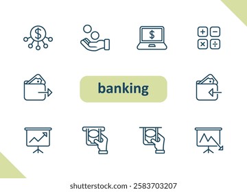 Banking icons. Online banking, money, finance, currency, investment, savings vector icon set
