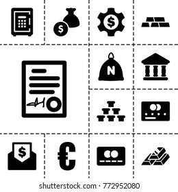 Banking icons. set of 13 editable filled banking icons such as sack, credit card, euro, gold, safe, money bag, bank, signed document, gold bar, dollar gear