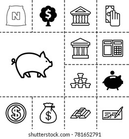 Banking icons. set of 13 editable outline banking icons such as piggy bank, money tree, pig, money sack, cash payment, check, atm, bank, gold, gold bar, dollar coin