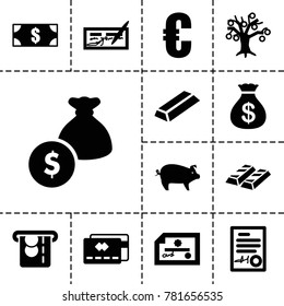 Banking icons. set of 13 editable filled banking icons such as money sack, gold, money, euro, credit card, check, signed document