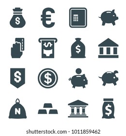 Banking icons. set of 16 editable filled banking icons such as sack, atm, piggy bank, money sack, dollar coin, money sack, dollar down, euro, creadit card payment, bank
