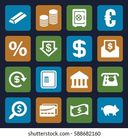 banking icons set. Set of 16 banking filled icons such as pig, atm, Safe, ATM money withdraw, dollar down, gold, card, coin, dollar, percent, crown, bank