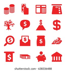 Banking icons set. set of 16 banking filled icons such as coin, dollar, search dollar, gold bar, money sack, bank, money, cash payment, piggy bank, atm