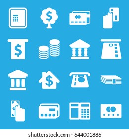 Banking icons set. set of 16 banking filled icons such as credit card, atm, atm money withdraw, bank, coin, money tree, cash payment