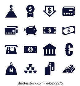 Banking icons set. set of 16 banking filled icons such as sack, atm money withdraw, dollar down, money dollar, gold bar, crown, bank, euro, credit card, creadit card payment