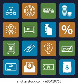 Banking icons set. set of 16 banking filled and outline icons such as percent, money sack, envelope with dollar bill, credit card, safe, money tree, cash payment, money