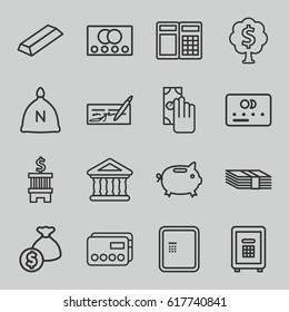 Banking icons set. set of 16 banking outline icons such as credit card, atm, sack, gold, safe, bank, money tree, money, cash payment, check