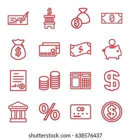 Banking icons set. set of 16 banking outline icons such as credit card, signed document, coin, dollar, money sack, money, dollar coin, crown, piggy bank, check, atm, bank