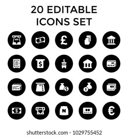 Banking icons. set of 20 editable filled banking icons such as atm money withdraw, credit card, bank, money in atm, pound. best quality banking elements in trendy style.