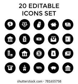 Banking icons. set of 20 editable filled banking icons such as pig, atm, dollar down, money, money box, bank. best quality banking elements in trendy style.