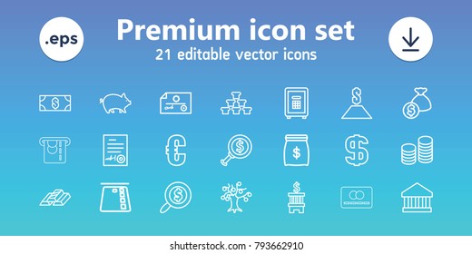 Banking icons. set of 21 editable outline banking icons includes pig, money, euro, bank, money tree, dollar search, check, credit card in atm, gold, safe, signed document