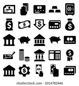 Banking icons. set of 25 editable filled banking icons such as pig, credit card, safe, money sack, dollar down, cash payment, bank, money sack, atm, check, coin, dollar gear