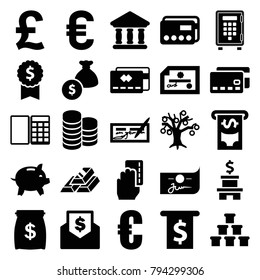Banking icons. set of 25 editable filled banking icons such as euro, credit card, money tree, check, money in atm, dollar award, pound, bank, gold bar