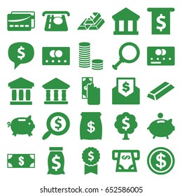 Banking icons set. set of 25 banking filled icons such as credit card, atm money withdraw, gold, bank, card, piggy bank, search dollar, money tree, gold bar, dollar coin