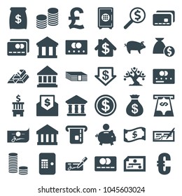 Banking icons. set of 36 editable filled banking icons such as credit card, money sack, dollar down, euro, money, bank, piggy bank, check, pound, coin, gold bar, dollar coin