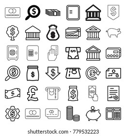 Banking icons. set of 36 editable outline banking icons such as search dollar, atm, atm money withdraw, dollar down, money, credit card, bank, atm, check, pound, coin