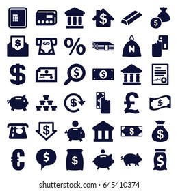 Banking icons set. set of 36 banking filled icons such as sack, pig, atm, money sack, atm money withdraw, dollar down, gold, bank, signed document, piggy bank, dollar, percent