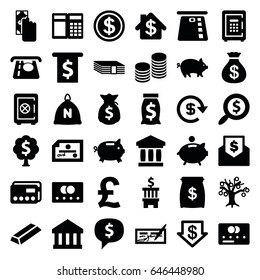 Banking icons set. set of 36 banking filled icons such as sack, pig, credit card, safe, money sack, atm money withdraw, dollar down, gold, safe, coin, piggy bank, dollar, bank