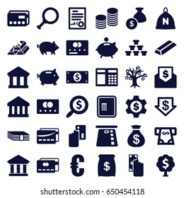 Banking icons set. set of 36 banking filled icons such as sack, pig, credit card, atm, money sack, dollar down, gold, atm money withdraw, bank, signed document, card, coin