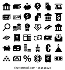 Banking icons set. set of 36 banking filled icons such as safe, atm money withdraw, dollar down, gold, safe, bank, card, coin, piggy bank, money tree, percent, dollar, crown