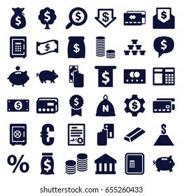 Banking icons set. set of 36 banking filled icons such as sack, pig, credit card, atm, safe, dollar down, gold, safe, signed document, coin, piggy bank, search dollar