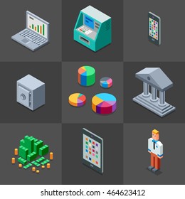 Banking Icons Set. 3D Isometric Low Poly Flat Design. Vector illustration.