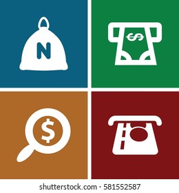 banking icons set. Set of 4 banking filled icons such as sack, ATM money withdraw