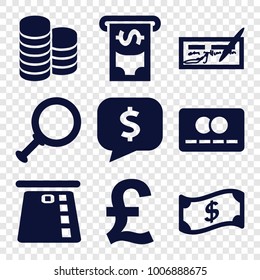 Banking icons. set of 9 editable filled banking icons such as check, dollar search, pound, credit card in atm, crown, credit card, dollar sign in cloud, money in atm