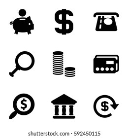 banking icons set. Set of 9 banking filled icons such as ATM money withdraw, bank, dollar, search dollar, credit card, piggy bank, dollar search
