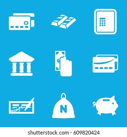 Banking icons set. set of 9 banking filled icons such as sack, atm, bank, card, money box, cash payment, credit card, check
