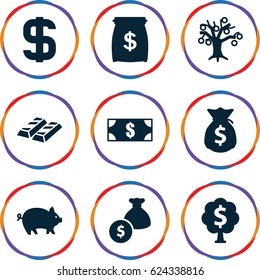 Banking icons set. set of 9 banking filled icons such as pig, dollar, money tree, money sack