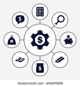 Banking icons set. set of 9 banking filled icons such as sack, gold, safe, money sack, dollar gear, piggy bank, dollar sign in cloud