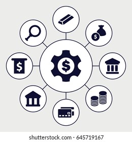 Banking icons set. set of 9 banking filled icons such as gold, coin, money bag, dollar gear, bank, credit card, dollar search
