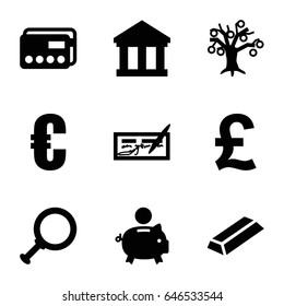 Banking icons set. set of 9 banking filled icons such as gold, euro, credit card, bank, piggy bank, money tree, check, dollar search