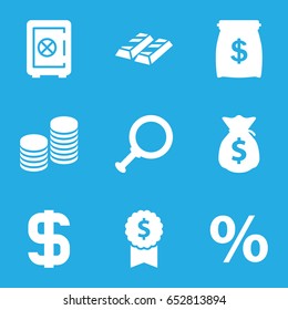Banking icons set. set of 9 banking filled icons such as safe, coin, dollar, money sack, percent, dollar search, dollar award