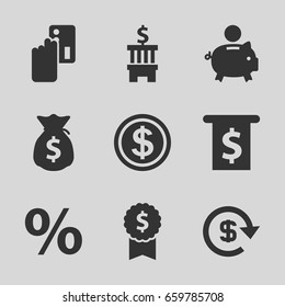 Banking icons set. set of 9 banking filled icons such as dollar, money sack, percent, dollar coin, creadit card payment, piggy bank, bank, money in atm