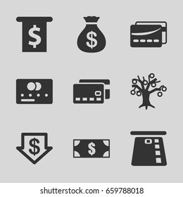 Banking icons set. set of 9 banking filled icons such as credit card, money sack, dollar down, card, money