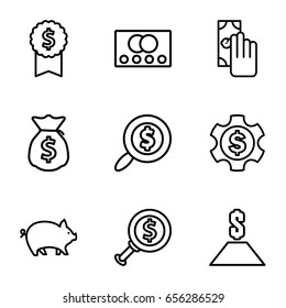 Banking icons set. set of 9 banking outline icons such as credit card, pig, search dollar, money sack, cash payment